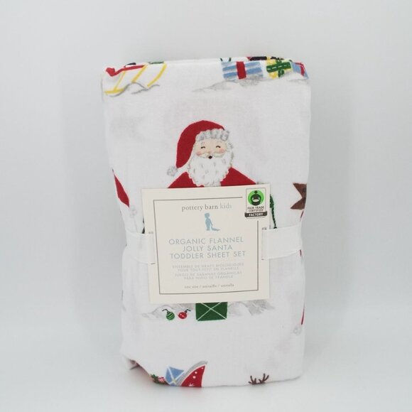 Pottery Barn Kids Organic Flannel Jolly Santa Toddler Sheet Set NEW - Picture 1 of 8